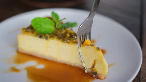 Passion Fruit Cheesecake with Mint and Caramel
