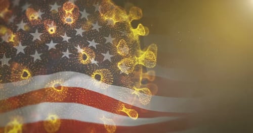 American Flag Waving with Abstract Glowing Virus Particles