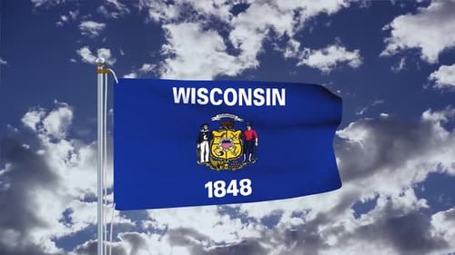 Wisconsin State Flag Waving Against a Cloudy Blue Sky