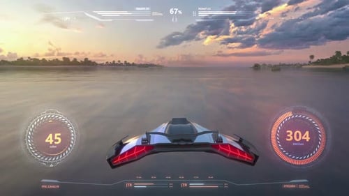 Flight over the ocean at sunset with Hud