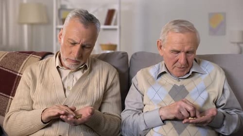 Elderly Men Counting Coins and Looking at Camera, Low Social Payment, Poverty