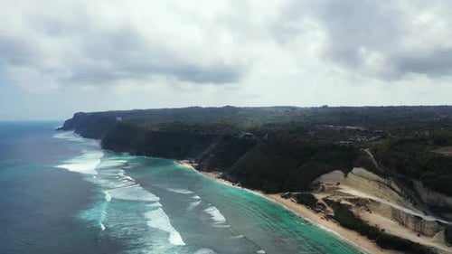 Aerial above nature of exotic island beach break by blue sea and white sandy background of adventure