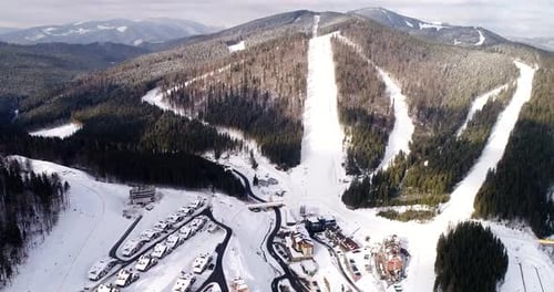 Aerial View of the Ski Resort Sport Village in Mountains at Winter