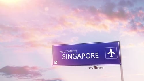 Singapore City Sign Plane Landing in Daylight