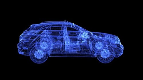 Futuristic Blue Holographic Car 3D Wireframe Rotating Animation