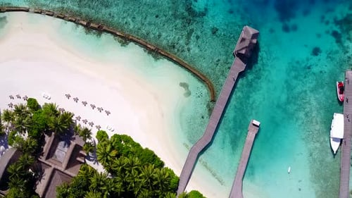 Drone view texture of exotic island beach by blue water and sand background
