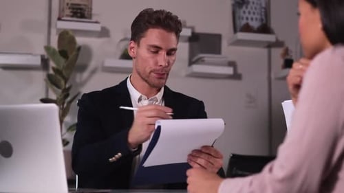 HR Business Man Discuss Resume Details with Woman Candidate in Office Spbi