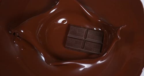Chocolate Block Dropping into Melted Chocolate Close Up