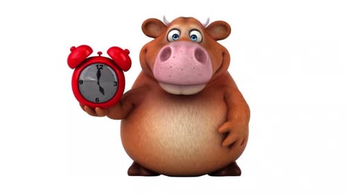 3D Cartoon Cow Character Holding Alarm Clock and Pointing Up