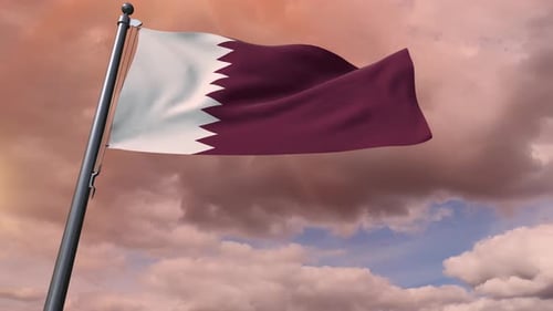 Waving Qatar Flag on Pole Against Dramatic Cloudy Sky