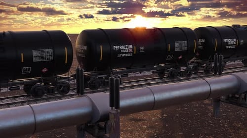 Oil Train Tanker Cars and Pipeline at Sunset