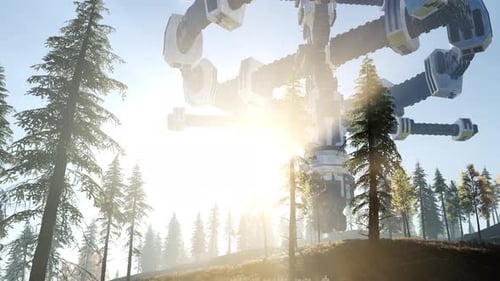 UFO Hovering Over a Forest at Sunset with Light Beam