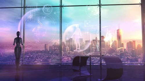 Futuristic Robot Analyzing Holographic Scientific Data and UI