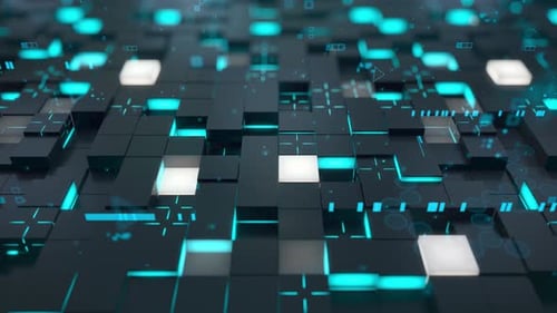 Abstract Futuristic Grid of Glowing Cubes and Digital Data