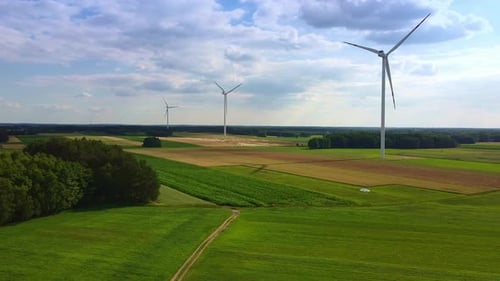 Wind Turbines in Verdant Countryside, Aerial View