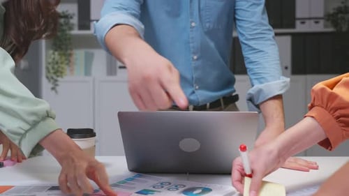 Close up hands of businessman and woman people group meeting brainstorm and work in office.