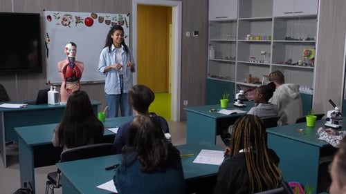 Multiethnic Pupils Studying Human Organs in Lesson