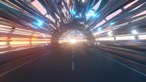 Voler dans un tunnel de fibre optique futuriste avec une route
