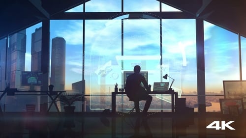 Male designer works with augmented reality projection 4K
