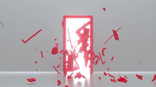 Broken red door on white background