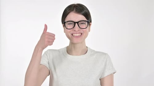 Smiling Woman Giving Thumbs Up on White Background
