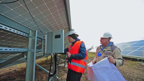 Man working at solar power station. Engineers working for checking solar power station