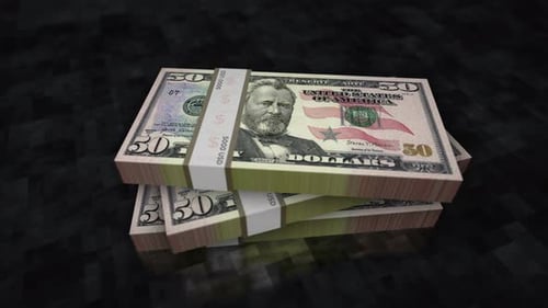 Pacotes de pilha de notas de dinheiro de cinquenta dólares