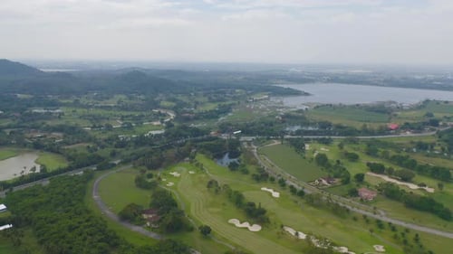 Aerial view of Golf Course Club and hotel resort. Green natural garden park