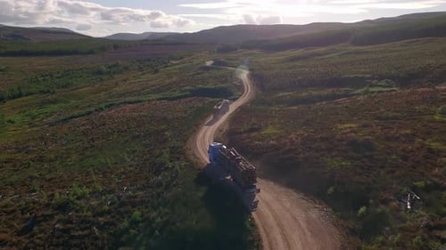 Forestry and logging operations taking place in the highlands of Scotland using large industrial mac