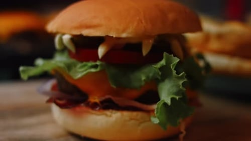 Delicious Hamburger Close Up on Cutting Board