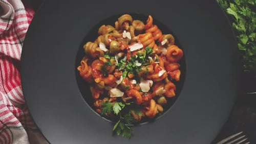 Overhead Shot of Delicious Pasta Dish with Olives