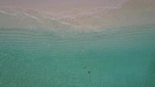 Drone aerial travel of coastline beach break by blue water and sand background