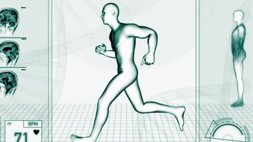 Futuristic Human Body Running with Medical Data Display