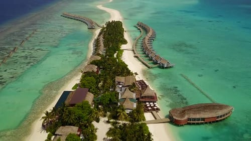 Drone aerial panorama of exotic lagoon beach by ocean and sand background