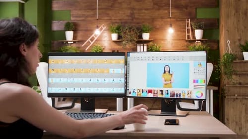 Woman Edits Photos at Dual Monitor Workspace