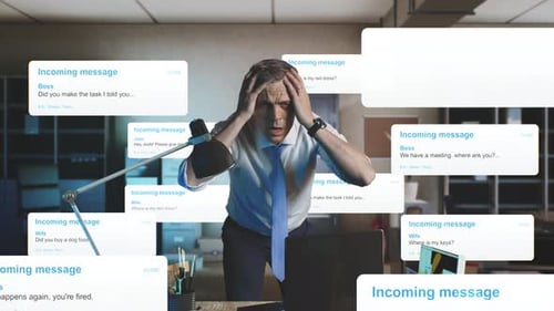 Stressed Man Overwhelmed by Messages in Office