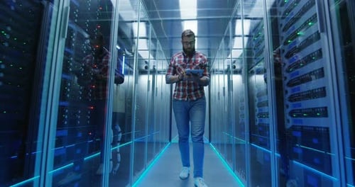Man Works on Tablet in Server Room