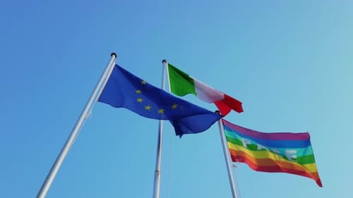Flags of Europe, Italy, and Peace Waving