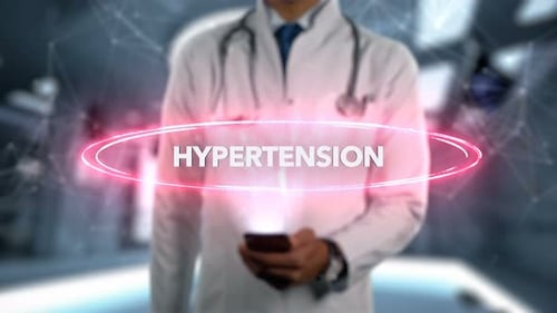 Hypertonie Männlicher Arzt Hologramm Krankheitswort