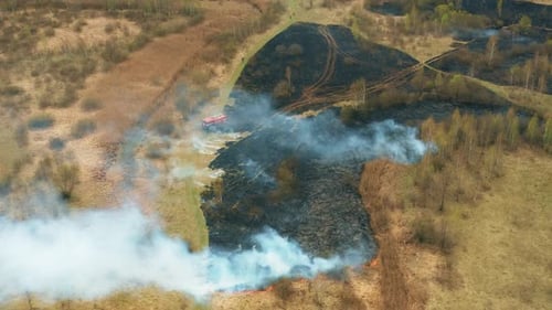 Aerial View Spring Dry Grass Burns During Drought Hot Weather