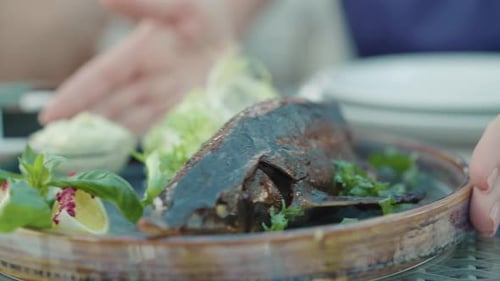 Female Caucasian Hands Showing Fried Baked Sturgeon Fish at Camera. Close-up of Delicious Dish on