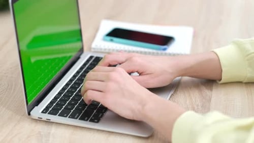 Woman Using Laptop Notebook Viewing Green Screen Press Browsing Chroma Key Online Typing Text