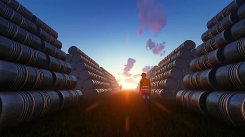 Industrial Worker Walking Among Oil Barrels at Sunset