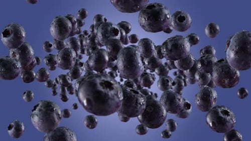 Fresh Blueberries Floating in Slow Motion with Water Droplets