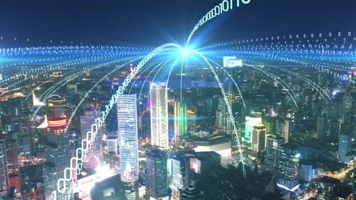 smart Connected city skyline. Futuristic network concept, city Technology.