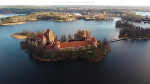 Trakai castle medieval gothic Island castle, located in the Galve lake. Aerial drone shot of the mos