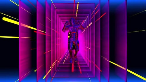 Cyberpunk Metallic Figure Dancing in Futuristic Neon Tunnel