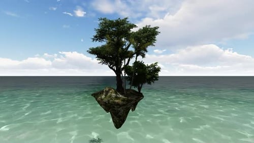 Surreal Floating Island with Trees in Blue Ocean Motion Background