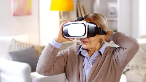 Woman Experiencing Virtual Reality Headset at Home