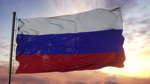 Realistic Russian Flag Waving in Golden Hour Sunset